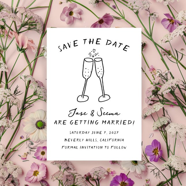 Save The Date Champagne Cheers Main Drate Cute Custom (Champagne Cheers Hand Drawn Cute Custom Save The Date Card Digital Download)