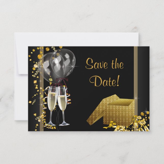 Save The Date Champagne Confetti Black Gold Enregistrer La Date (Devant)