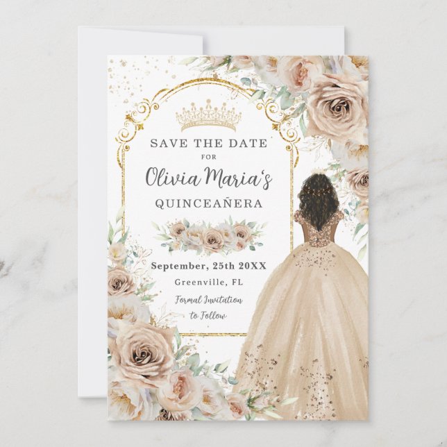 Save The Date Champagne Crème Beige Florale Princesse Quinceañer (Devant)