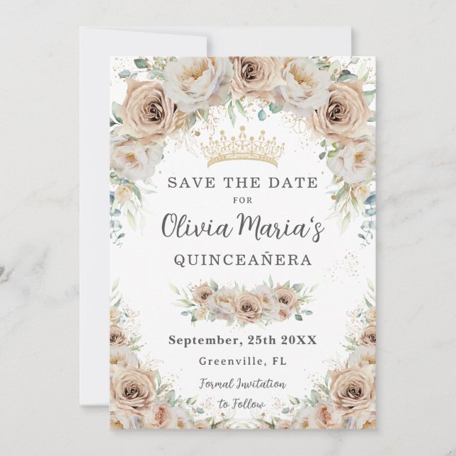 Save The Date Champagne Crème Beige Or Floral Quinceañera (Devant)