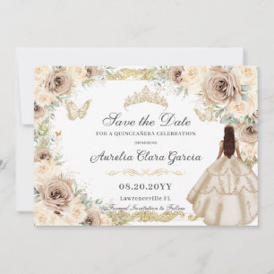 Save The Date Champagne Crème Sweet sixteen Floral QUINCEAÑERA