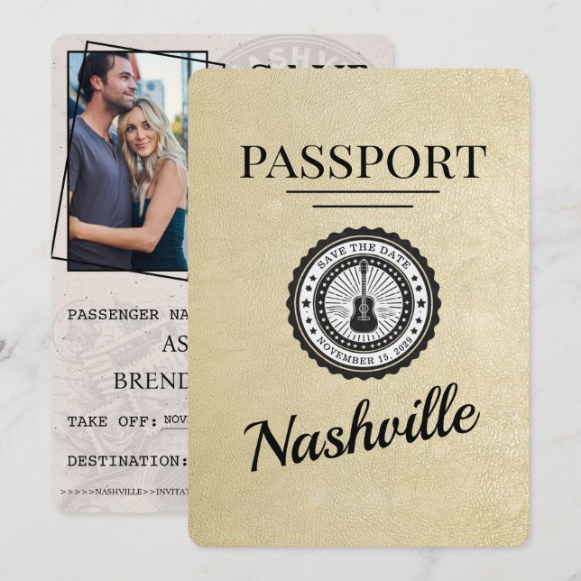 Save The Date Champagne Gold Nashville Passport Enregistrer La D (Devant / Derrière)