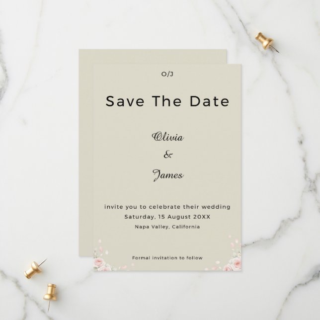 Save The Date Champagne Ivory Whispered Petals Minimalist Script (Devant/Arrière en situation)