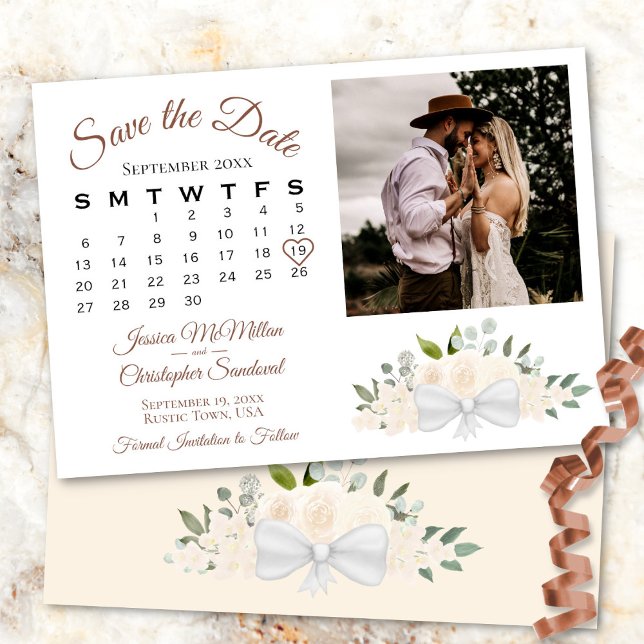 Save The Date Champagne Peach Roses Calendrier & Mariage photo (In Situ Front/Back)