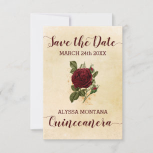 Save The Date Champagne vintage Florale Bourgogne Rose Quinceane