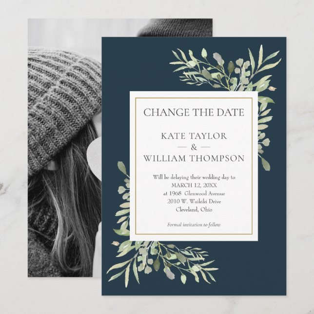 Save The Date Changement de date de mariage photo bleu mer profo (Devant / Derrière)