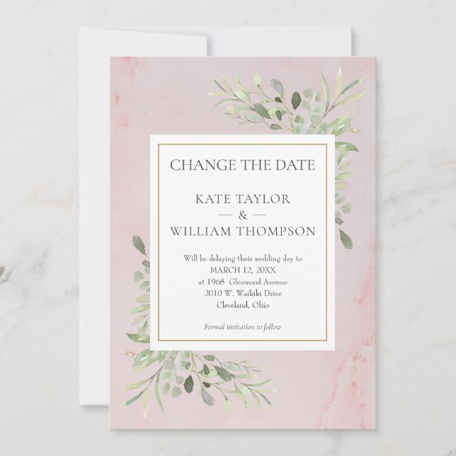 Save The Date Changement de date en marbre rose avec feuilles de (Devant)