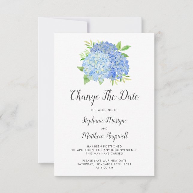 Save The Date Changement de date Mariage Hortensia Bleu (Devant)