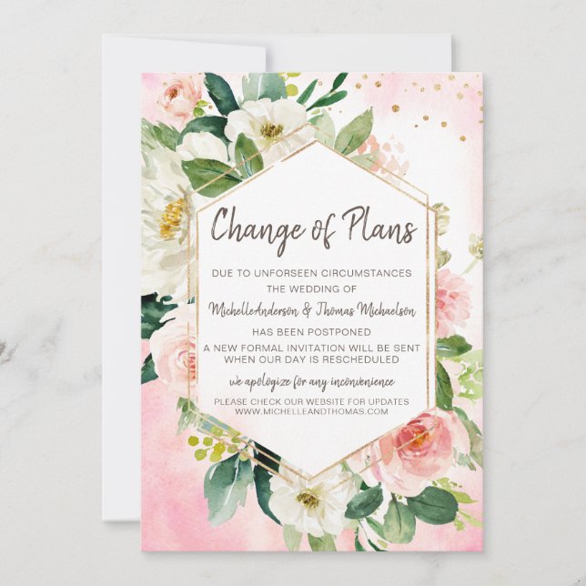 Save The Date Changement de plans Mariage aquarelle floral rose (Devant)