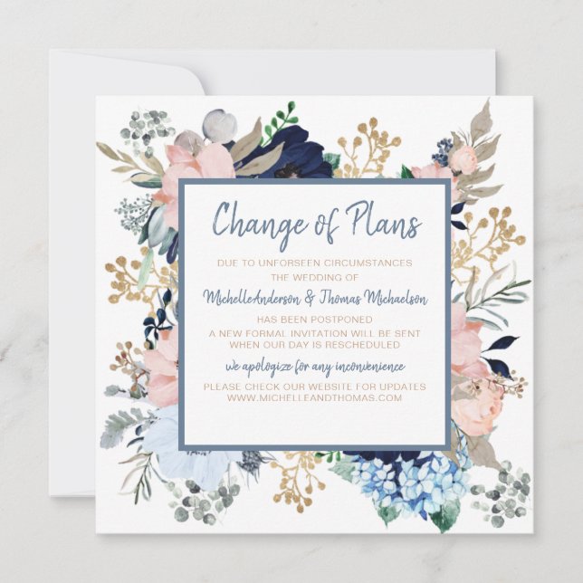 Save The Date Changement de plans Mariage poussiéreux bleu rose  (Devant)