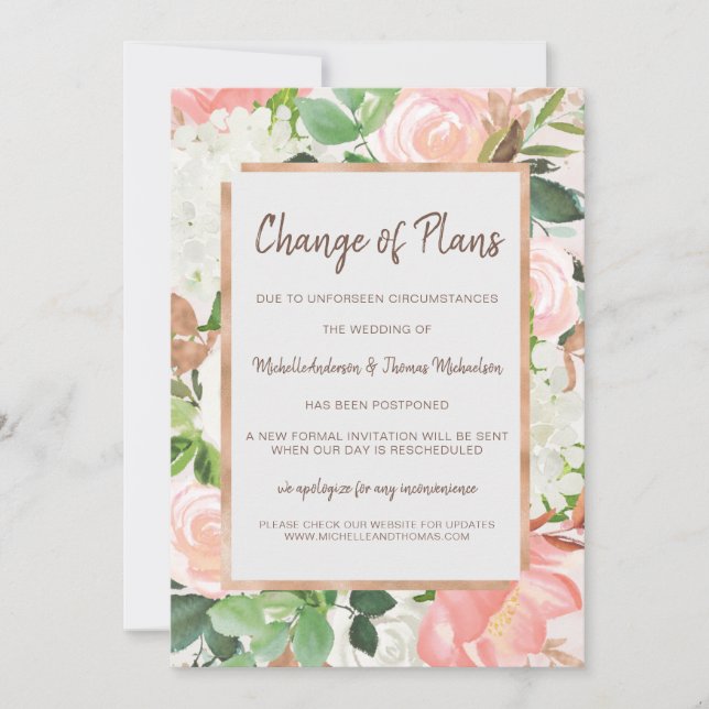 Save The Date Changer les plans Mariage Aquarelle Or Floral Rose (Devant)