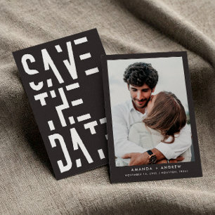 Save The Date Charbon Blanc Gris Rayures Rétro 70s Mariage