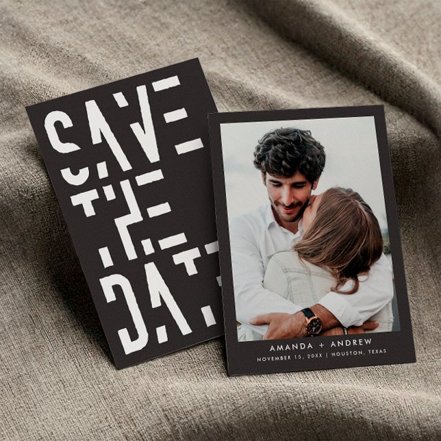 Save The Date Charbon Blanc Gris Rayures Rétro 70s Mariage (Front / Back)