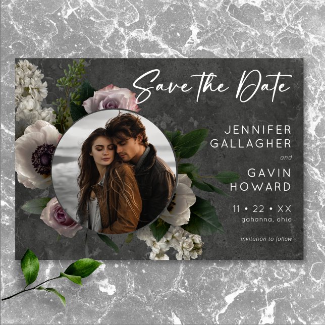 Save The Date Charcoal Grey Elégant Floral Moderne Mariage Photo (Charcoal Gray Elegant Floral Modern Wedding Photo Save The Date)