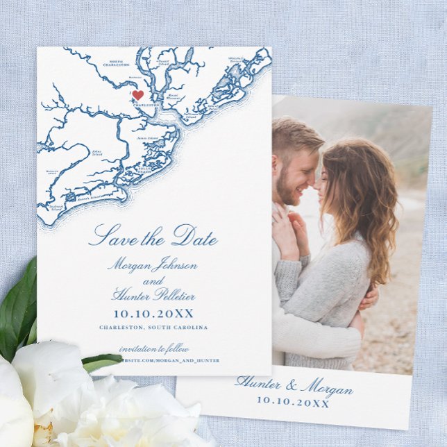 Save The Date Charleston SC Elegant Mariage bleu marine (Charleston SC Map Wedding Save the Date in Elegant Navy Blue from Coastal Map Designs)