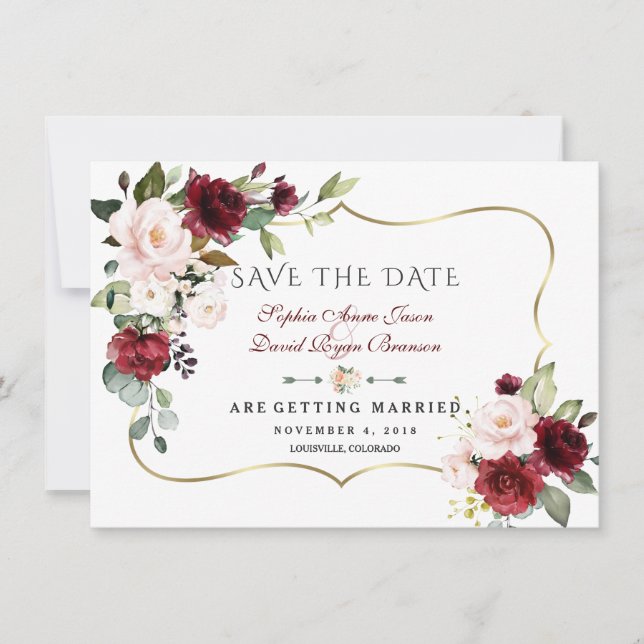Save The Date Charm Bourgogne Blush Flowers Gold Frame Mariage (Devant)