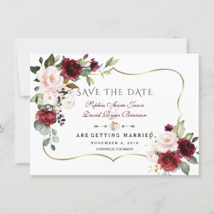Save The Date Charm Bourgogne Blush Flowers Gold Frame Mariage