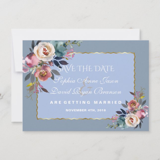 Save The Date Charm Dusty Blue Misty Rose Gold Frame Mariage (Devant)
