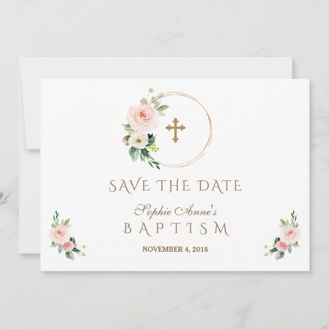 Save The Date Charm rose Fleurs Blush Gold Girl Baptême (Devant)