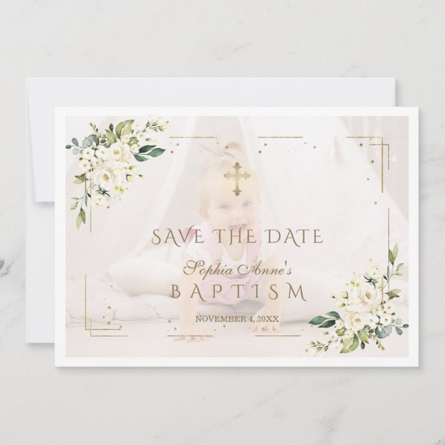 Save The Date Charmante Fleurs Blanches Photo Girl Baptism (Devant)