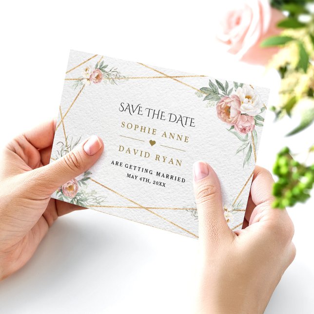 Save The Date Charme Blanc Rose Poussiéreuse Fleurs Or Mariage (Créateur téléchargé)