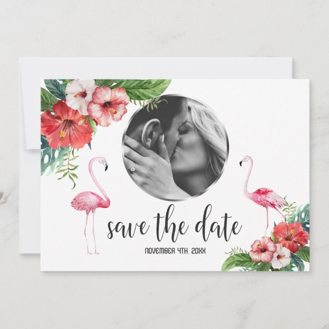 Save The Date Charme Flamant rose Tropical Floral Photo Enregist (Devant)