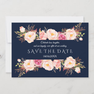 Save The Date Charme rose Floral Cadre bleu marine Mariage