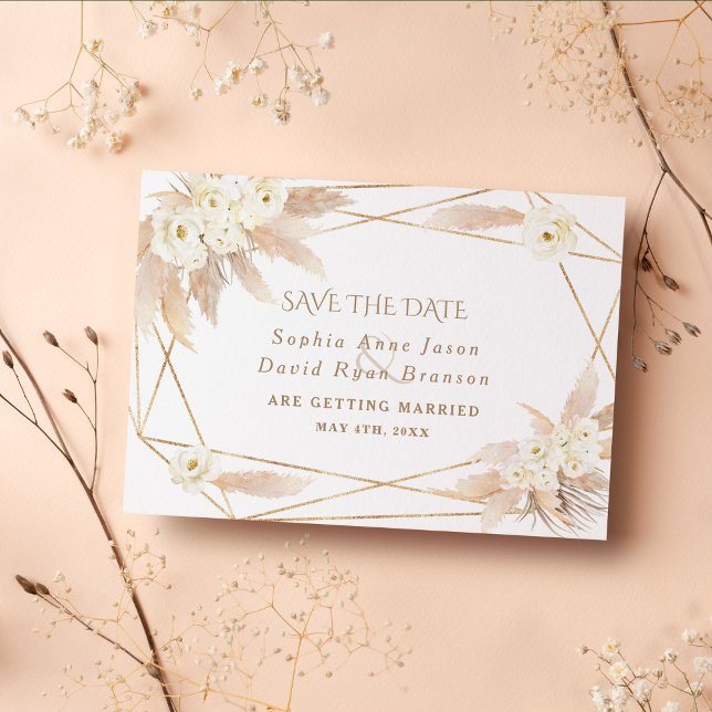 Save The Date Charme Roses Blanches Herbe des Pampas Mariage Or (trendy save the date pampas grass white floral gold)