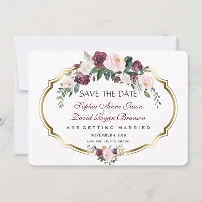 Save The Date Charming or Bourgogne Blush Floral Mariage (Devant)