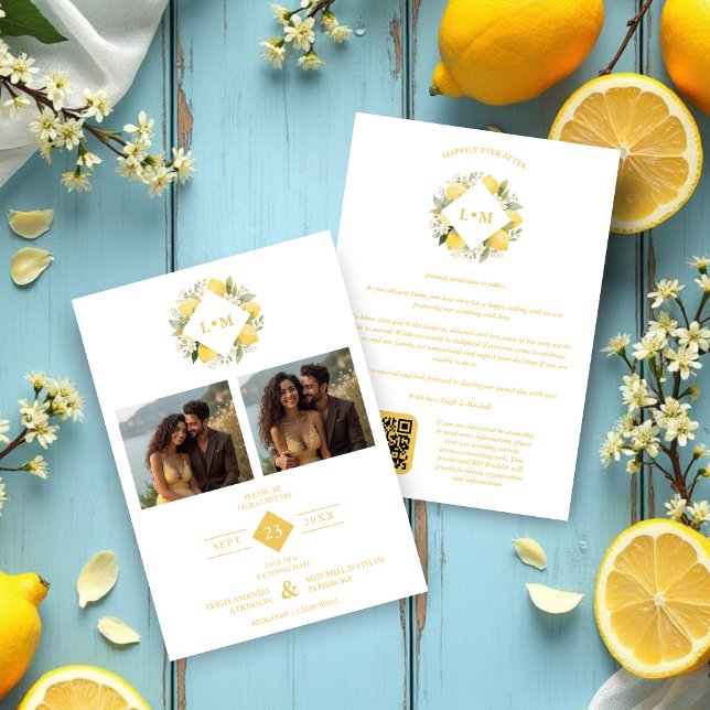 Save The Date Charming Romantic Cluster Lemons Initials 2-Photos (Charming Romantic Lemon Clusters with Initials and Two Photos Wedding Save the Date Cards.)