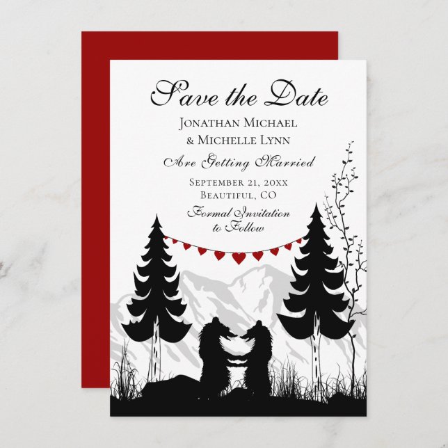 Save The Date Charming Silhouette Mountain Bear Couple Mariage (Devant / Derrière)