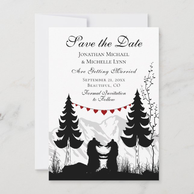 Save The Date Charming Silhouette Mountain Bear Couple Mariage (Devant)