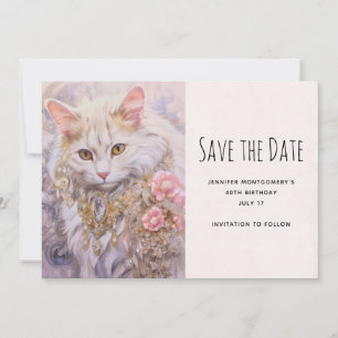 Save The Date Chat Blanc Élégant en Bijoux d'Or et de Diamant