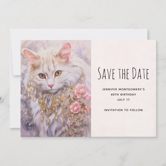Save The Date Chat Blanc Élégant en Bijoux d'Or et de Diamant (Devant)