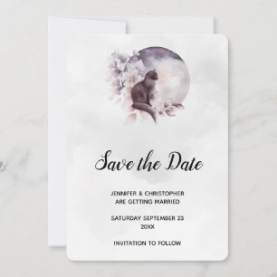 Save The Date Chat noir devant un Mariage de Pleine lune magique