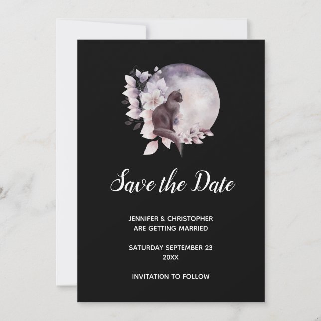 Save The Date Chat noir devant un Mariage de Pleine lune magique (Devant)