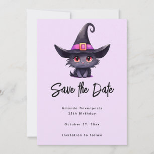 Save The Date Chat noir mignon portant un Casquette de sorcière