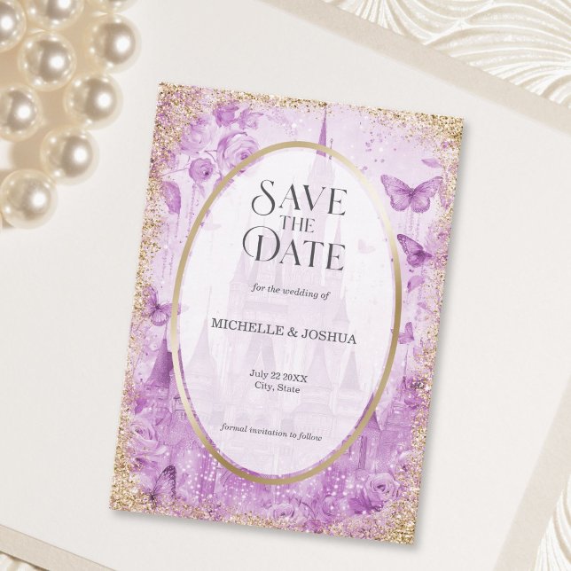 Save The Date Château de conte de fées Bois Enchanté Papillons F (Enchanted Wood Fairytale Castle Floral Butterflies Save The Date)