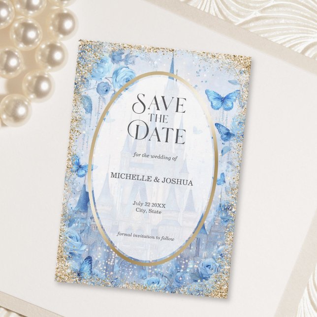 Save The Date Château de conte de fées en bois enchanté papillon (Enchanted Wood Fairytale Castle Floral Butterflies Save The Date)