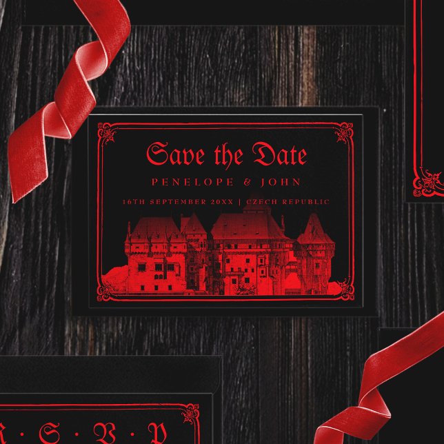 Save The Date Château gothique de vampire frontière mariage noir (Gothic Vampire Castle Border Black Red Wedding Save The Date)