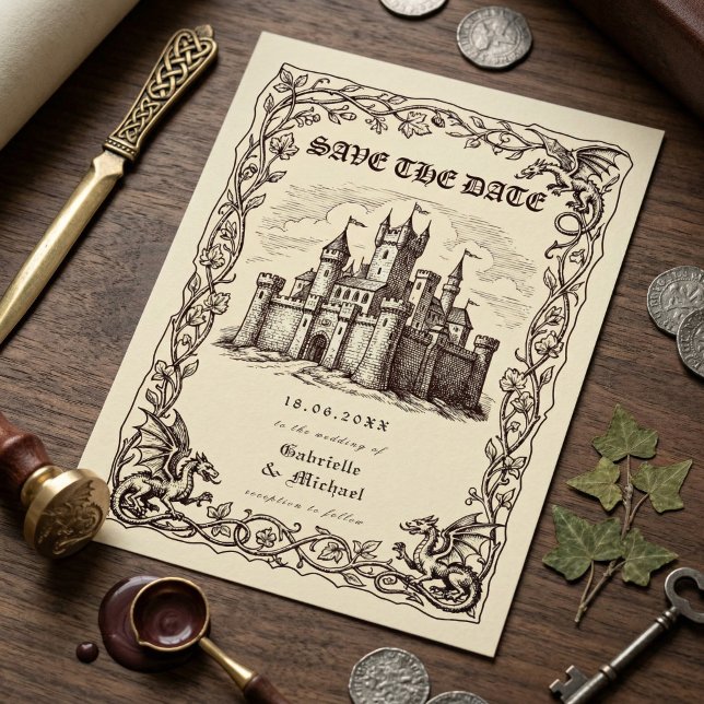 Save The Date Château Médiéval Illustration Sépia Mariage (Créateur téléchargé)