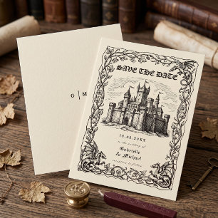 Save The Date Château Médiéval Illustration Sépia Mariage