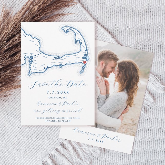 Save The Date Chatham MA Cape Cod Map Marine Blue Mariage (Chatham MA Cape Cod Map Save the Date with Photo in Elegant Modern Navy Blue by Coastal Map Designs)
