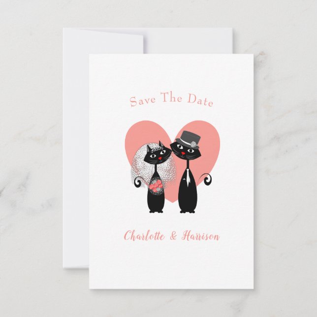 Save The Date Chats mariages Corail noir blanc mignonne (Dos)