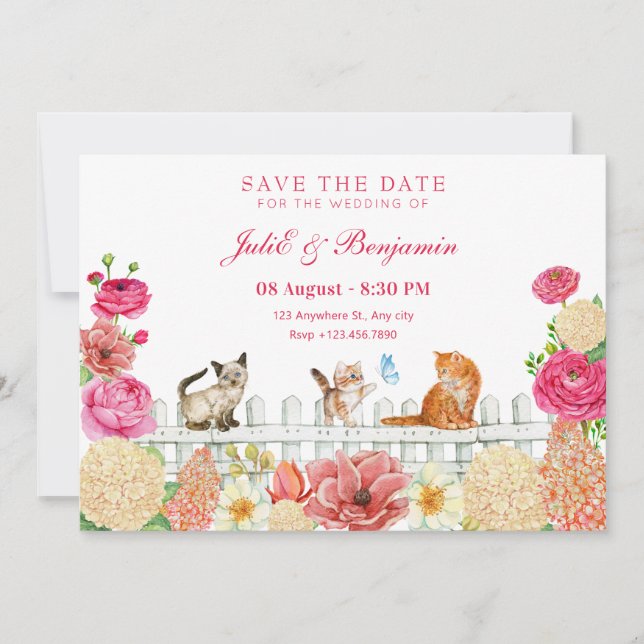 Save The Date Chats mignons fleurs mariage (Devant)