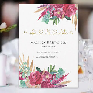 Save The Date Chaud rose Magenta Floral Élégant Gold Script Coeu