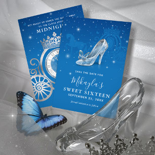 Save The Date Chaussure bleu et argent Cendrillon Sweet 16 Anniv