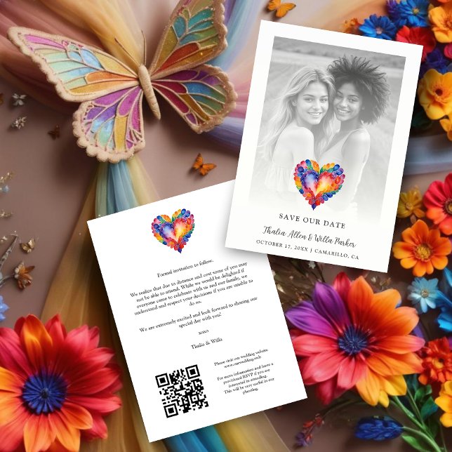 Save The Date Cherish Modern Pride Rainbow Heart Photo Wedding (Cherish Modern Pride Rainbow Colors Heart Photo Wedding with Transparency Save the Dates Cards.)