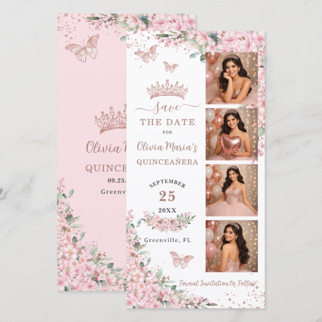 Save The Date Cherry Blossoms Rose Gold Photo Booth Quinceanera (Devant / Derrière)