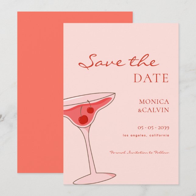 Save The Date Cherry Martini Mariage rose et rouge (Devant / Derrière)